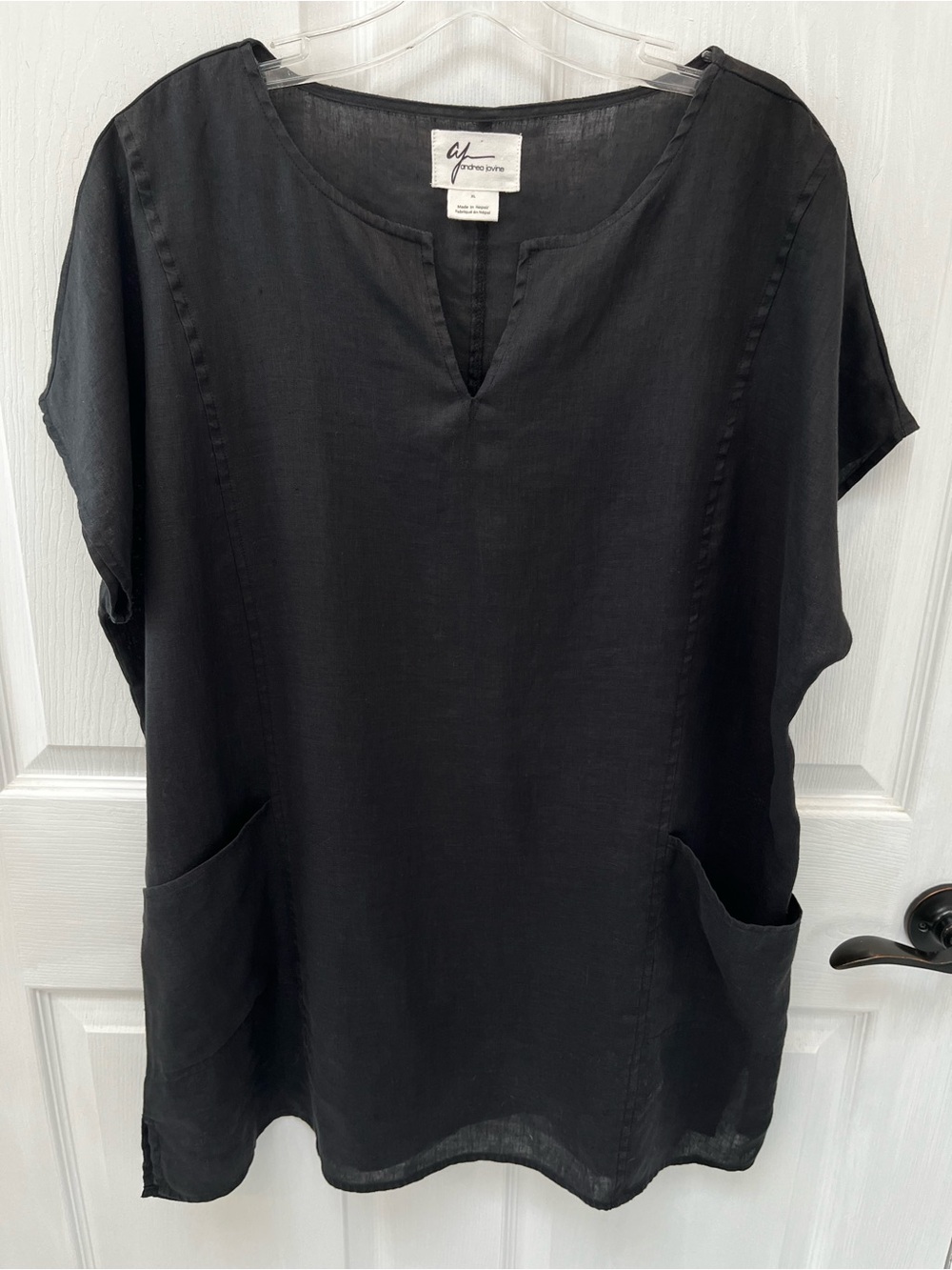Andrea Jovine Black 100% Linen Tunic Top Womens XL Pocket Short Sleeve Lagenlook